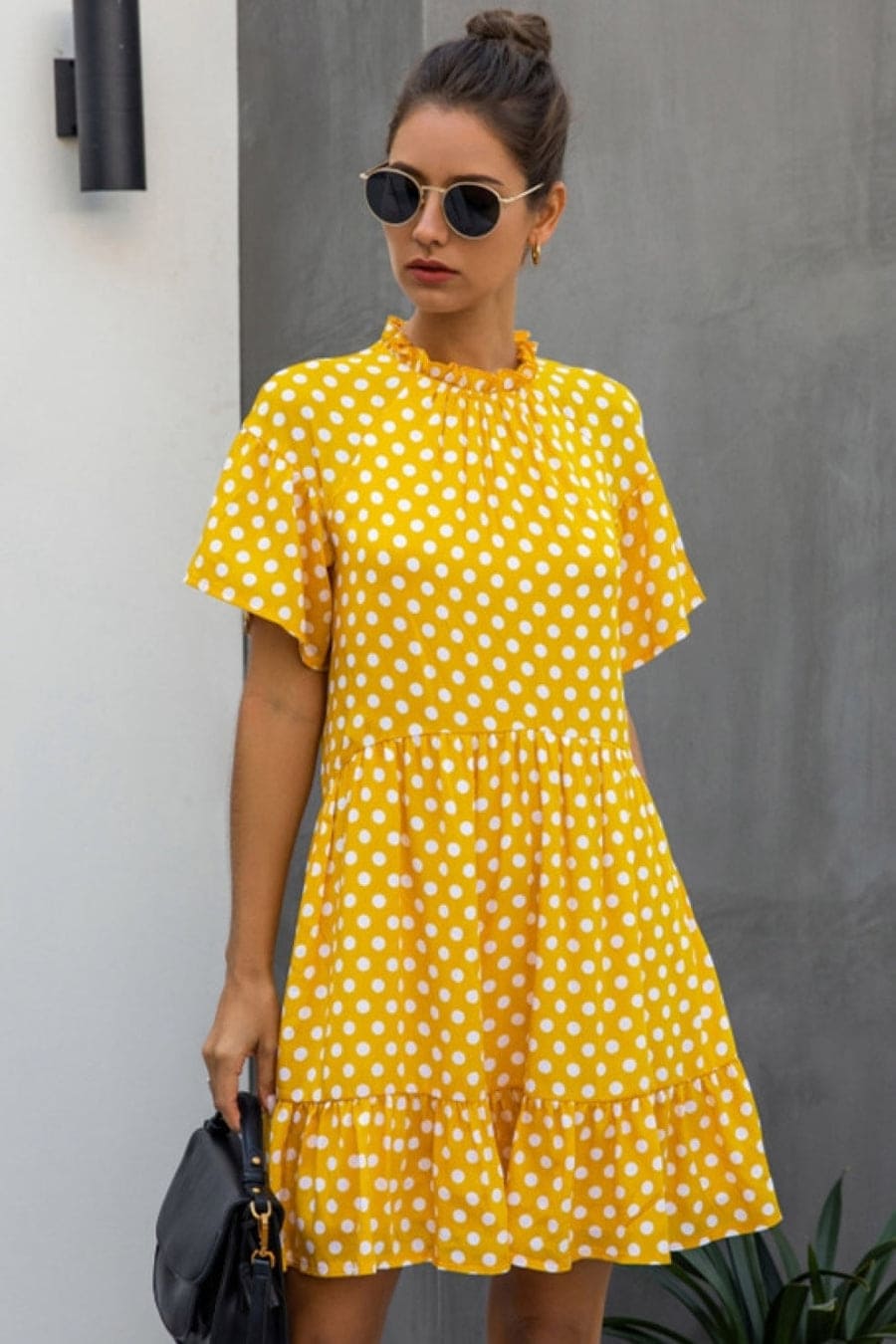 Casual Polka Dot Print Midi Yellow Dress