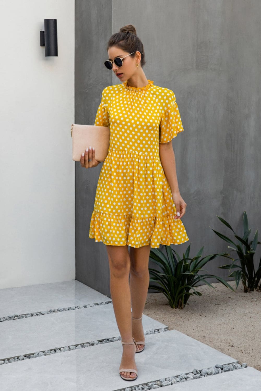 Casual Polka Dot Print Midi Yellow Dress