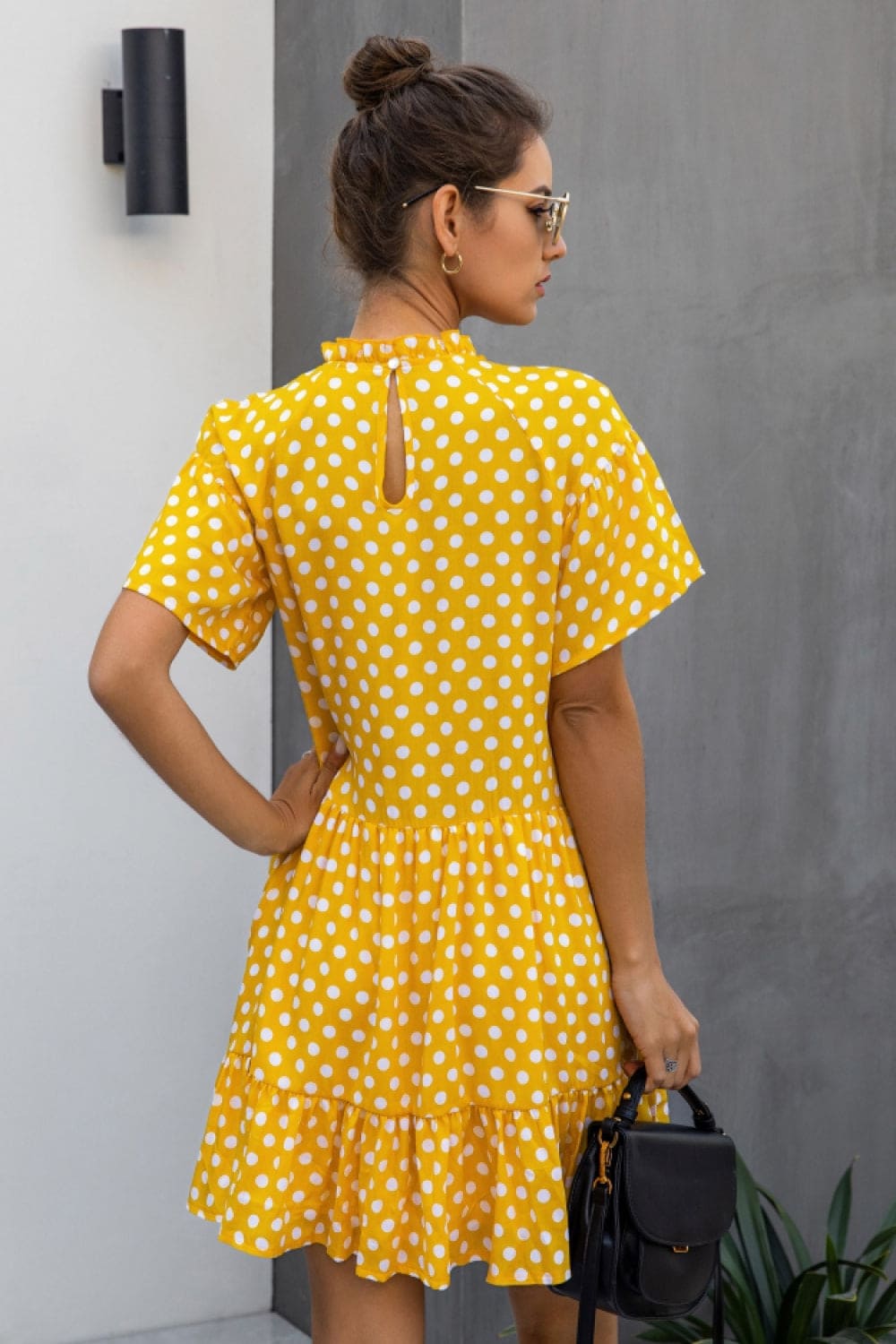 Casual Polka Dot Print Midi Yellow Dress