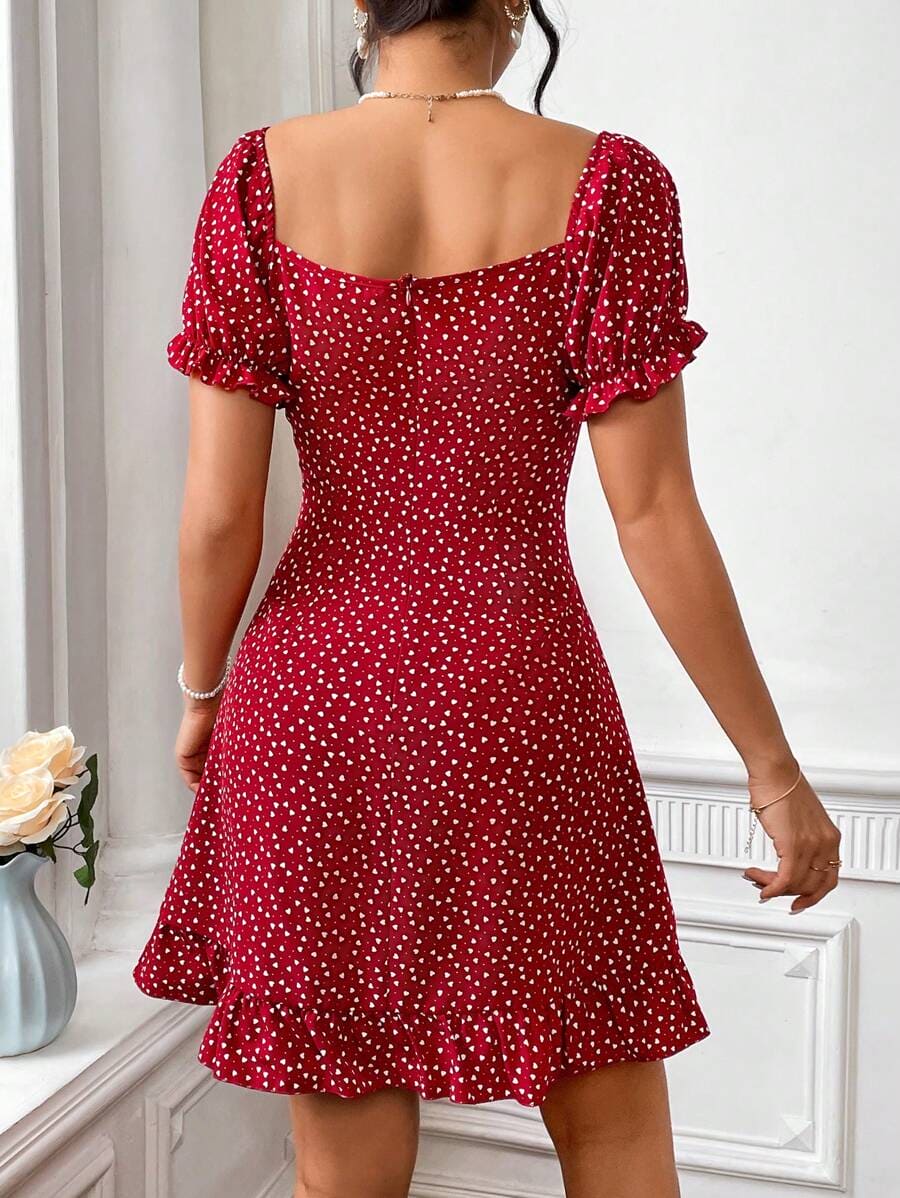 Polka Dot Heart Print Maroon Dress