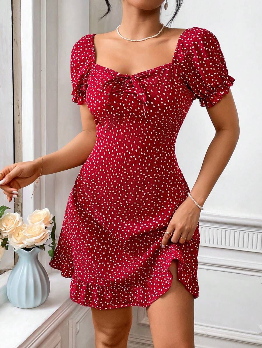 Polka Dot Heart Print Maroon Dress