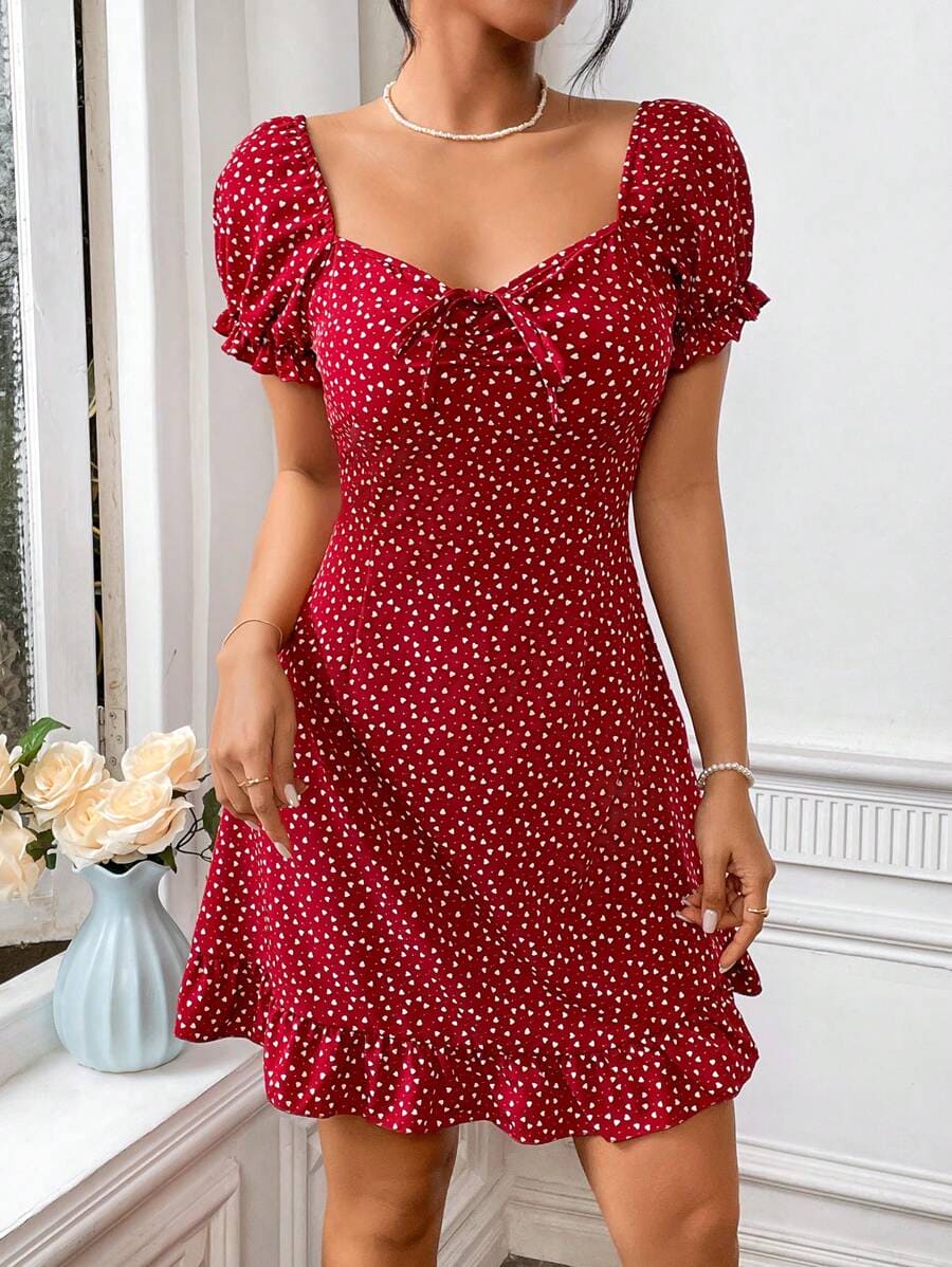 Polka Dot Heart Print Maroon Dress