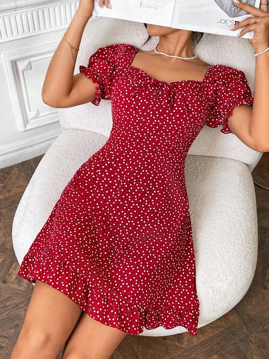 Polka Dot Heart Print Maroon Dress