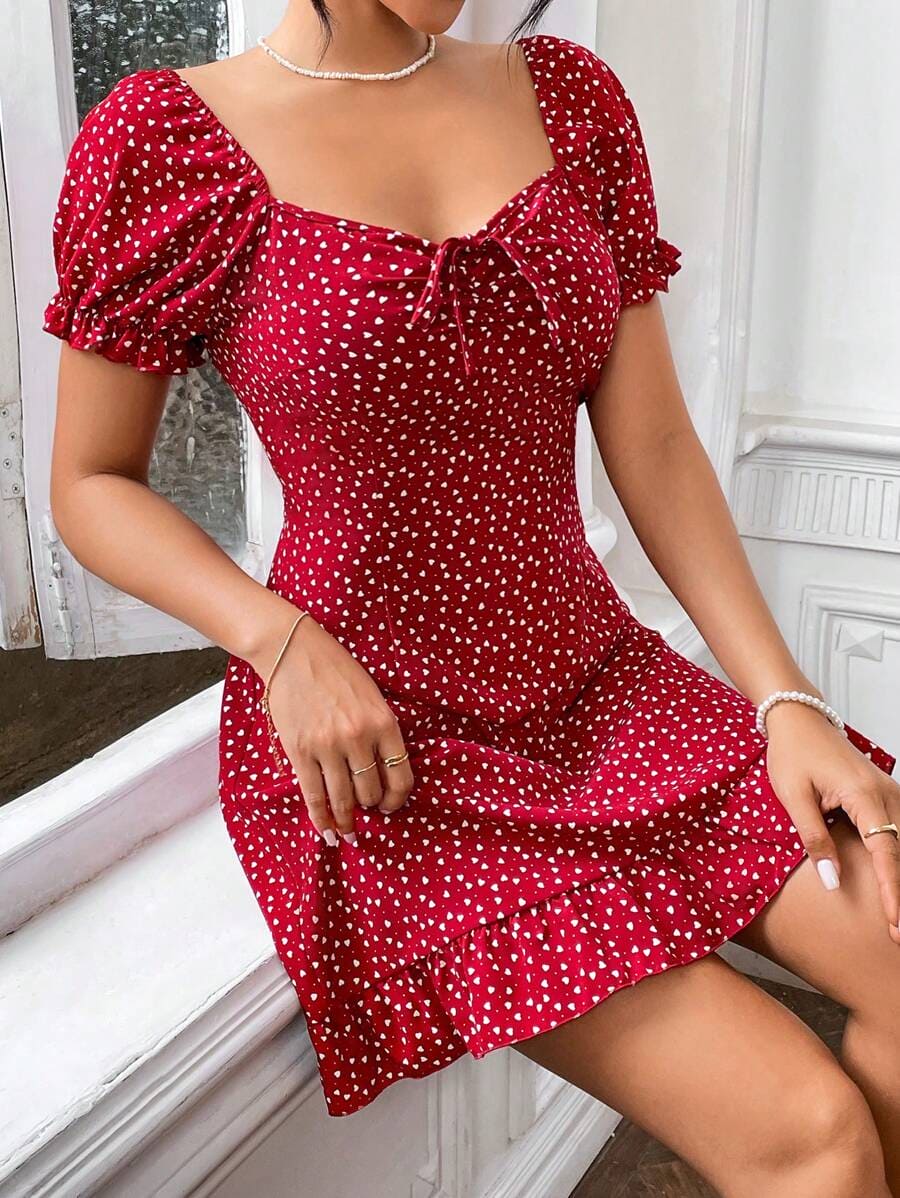 Polka Dot Heart Print Maroon Dress