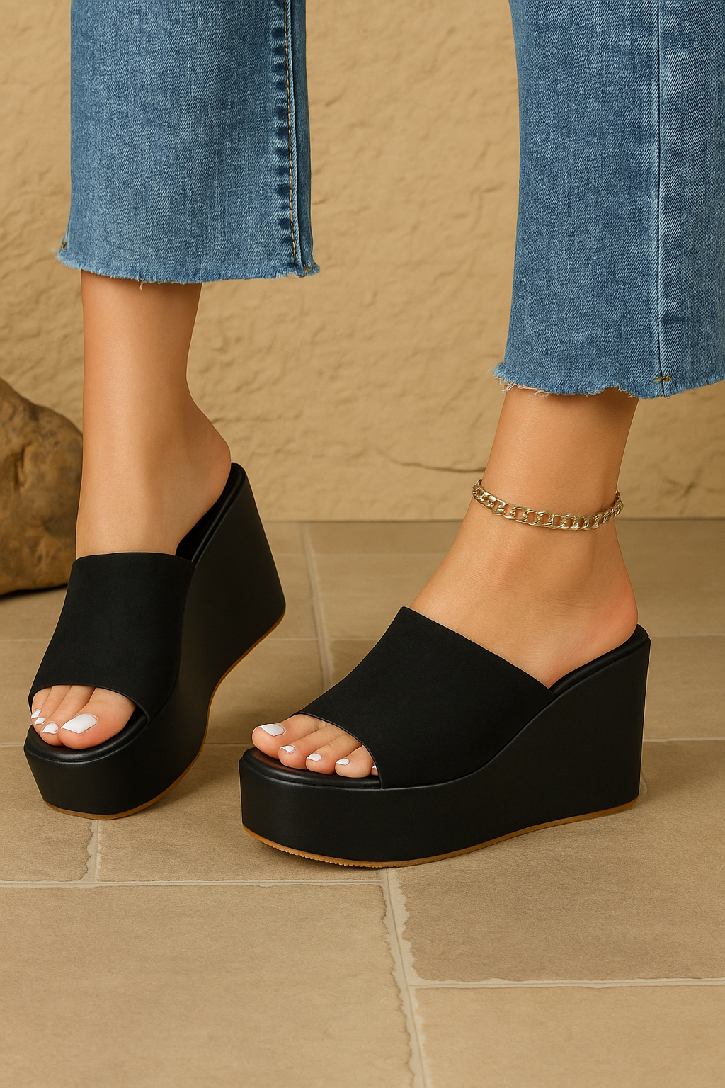 Black Sleek Suede Strap Wedges