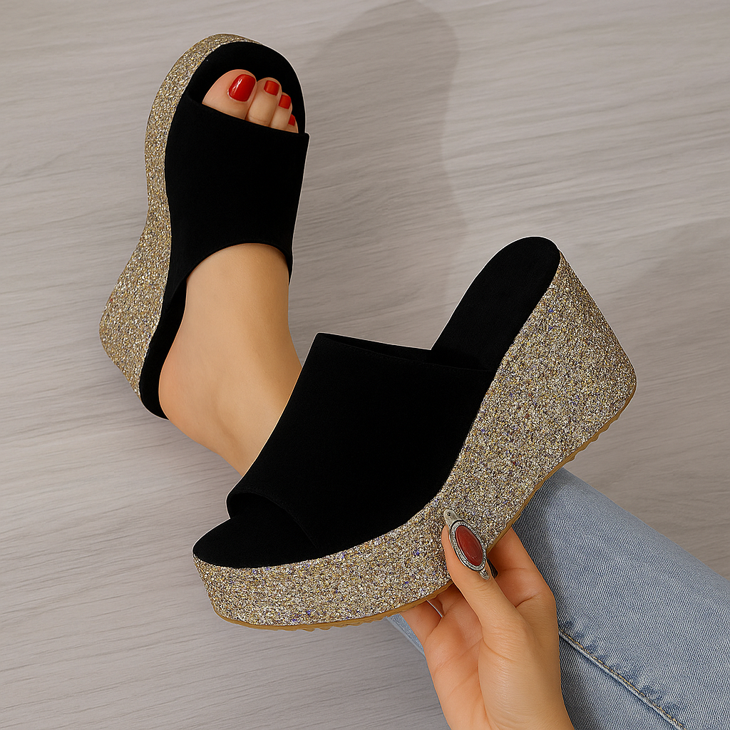 Black with Golden Glitter Sole Wedges