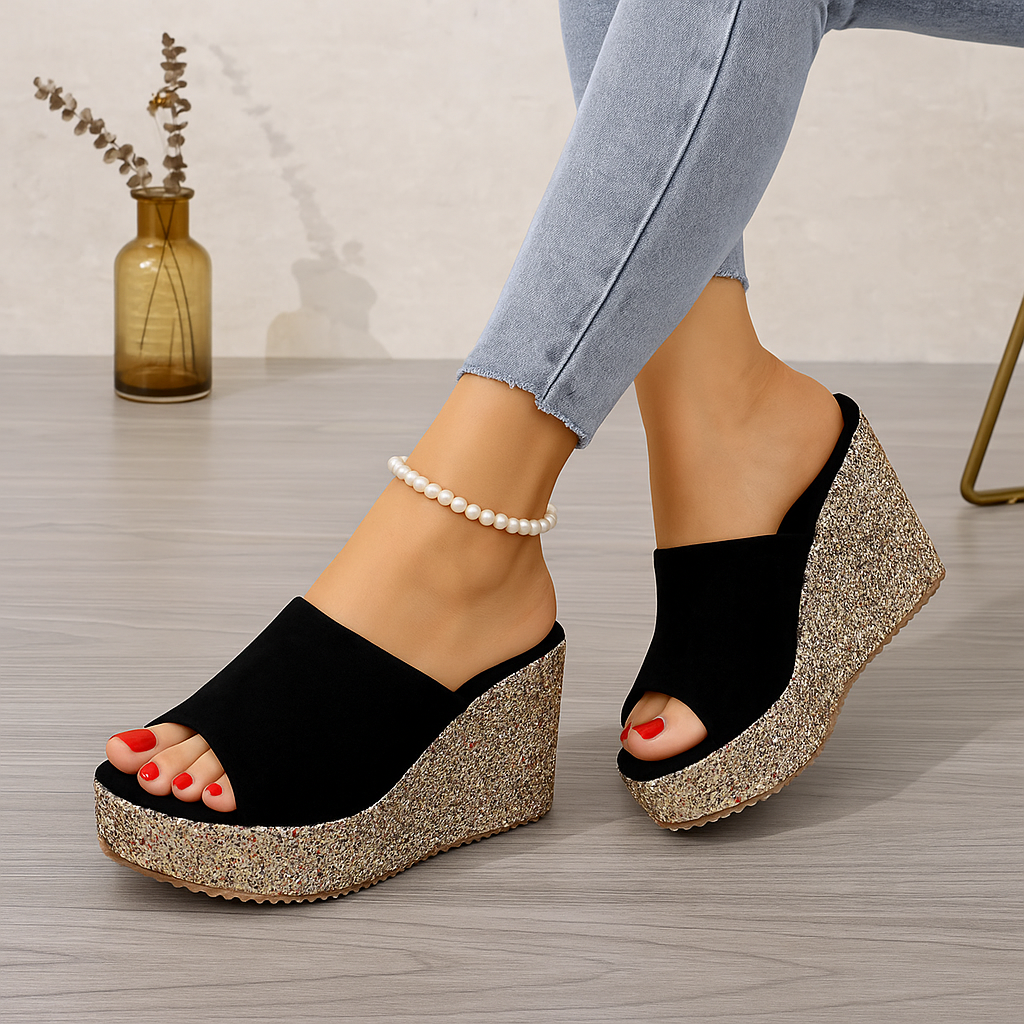 Black with Golden Glitter Sole Wedges