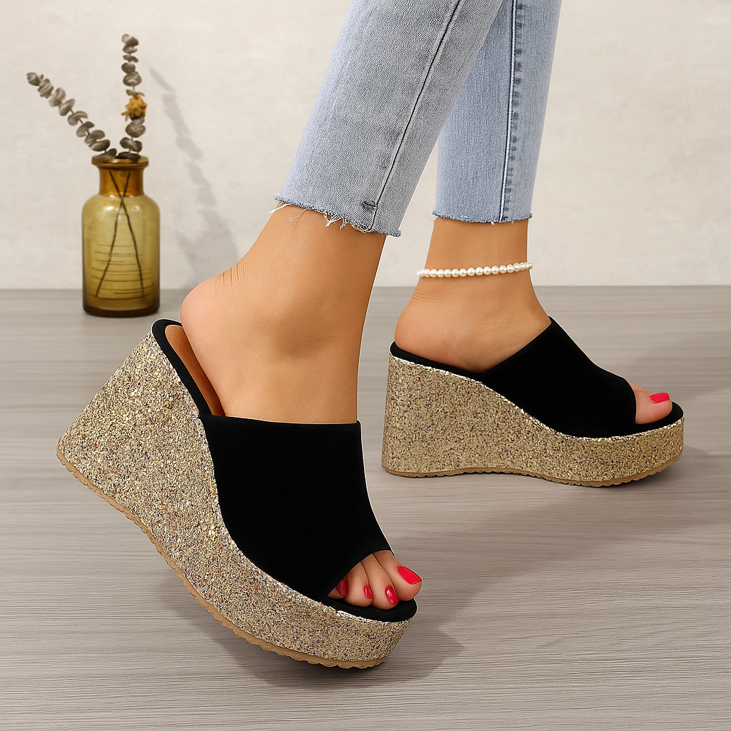 Black with Golden Glitter Sole Wedges