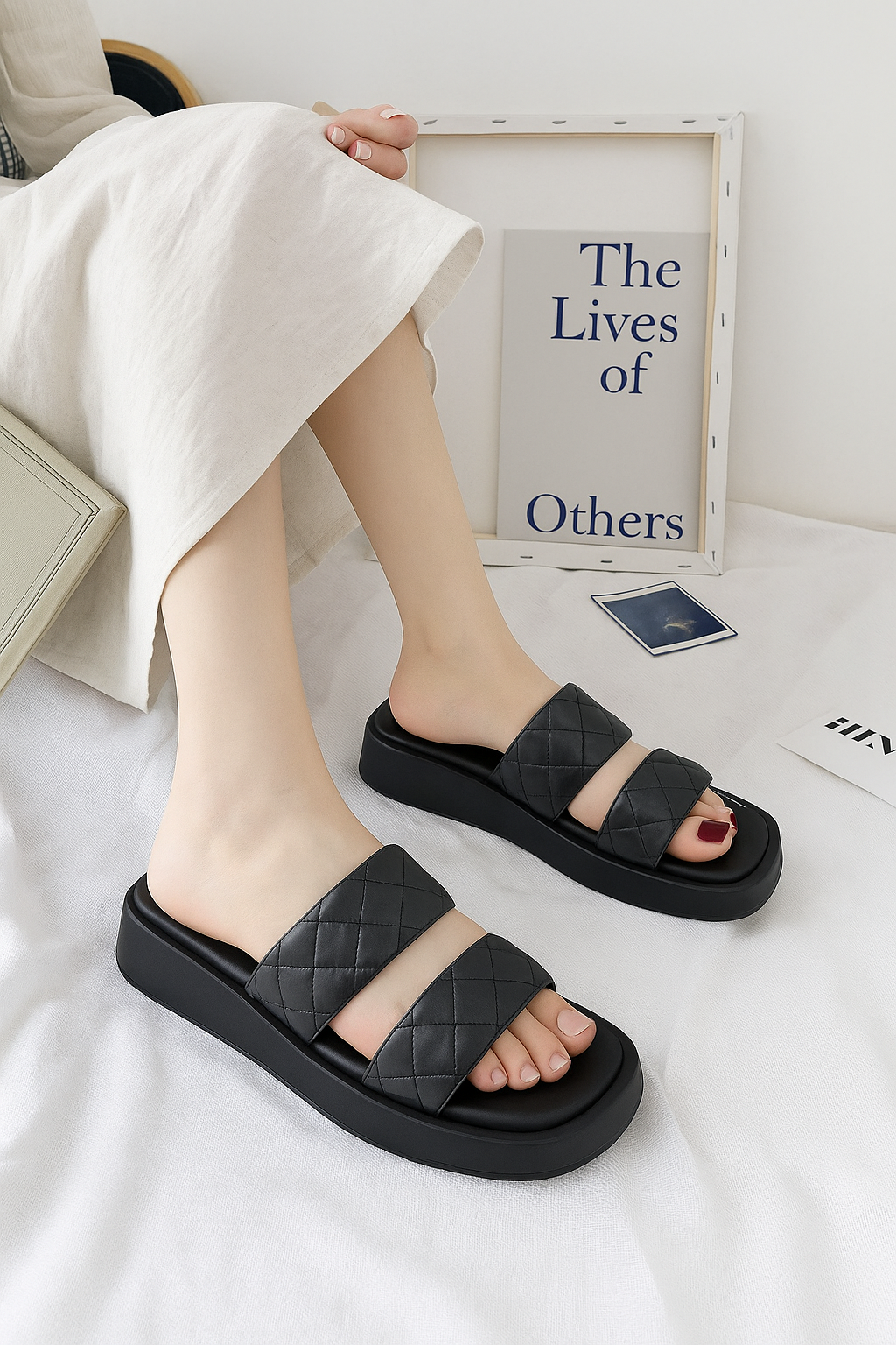 Double Strap Quilted Platform Slider Flipflops