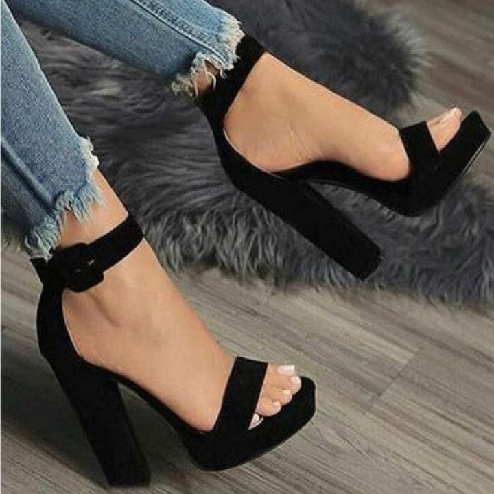 Open Toe Black Block Heels