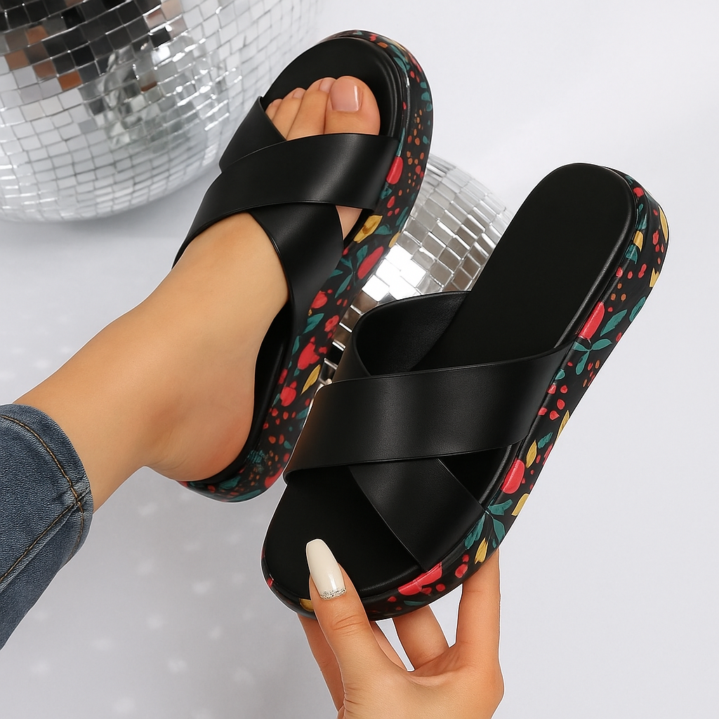 Floral Edge Cross Strap Wedges