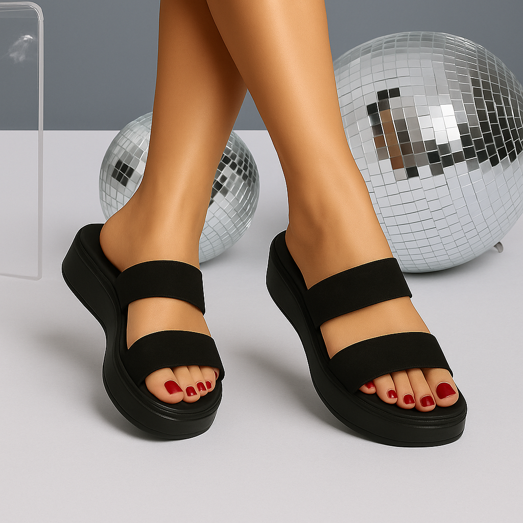 Black Suede Double Strap Wedges