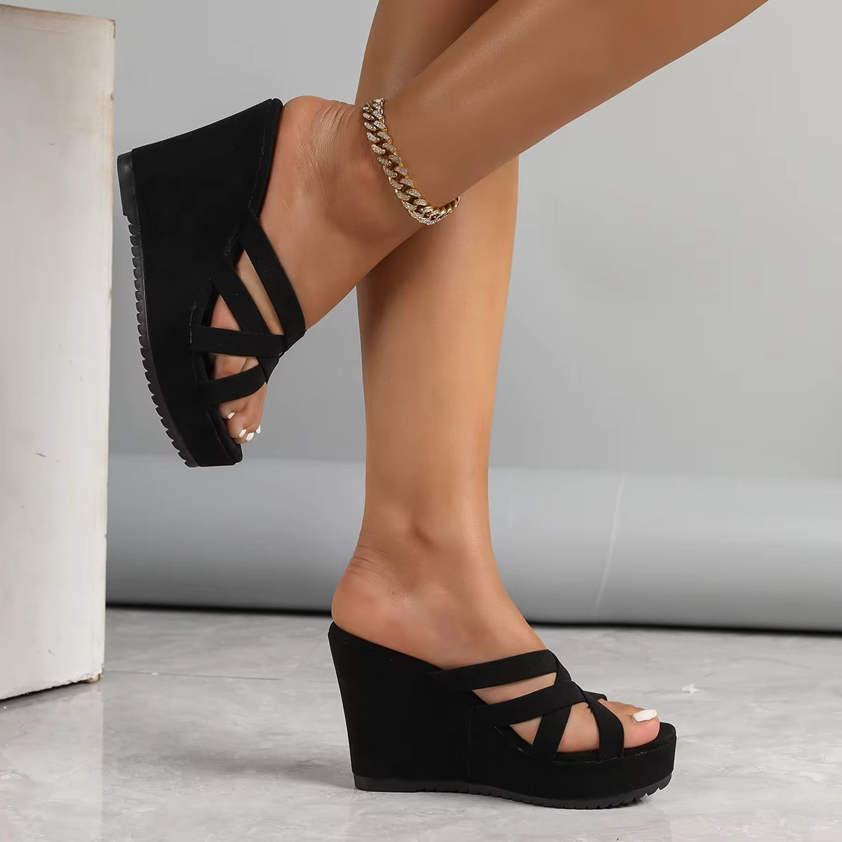 Black Criss-Cross Slip-On Wedges