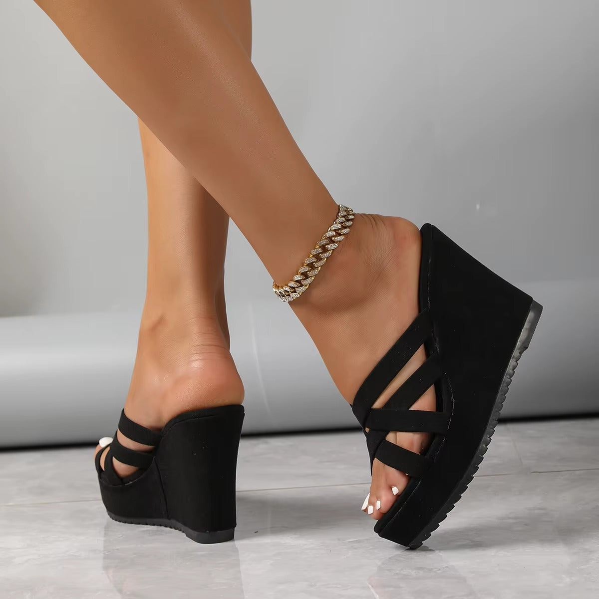 Black Criss-Cross Slip-On Wedges