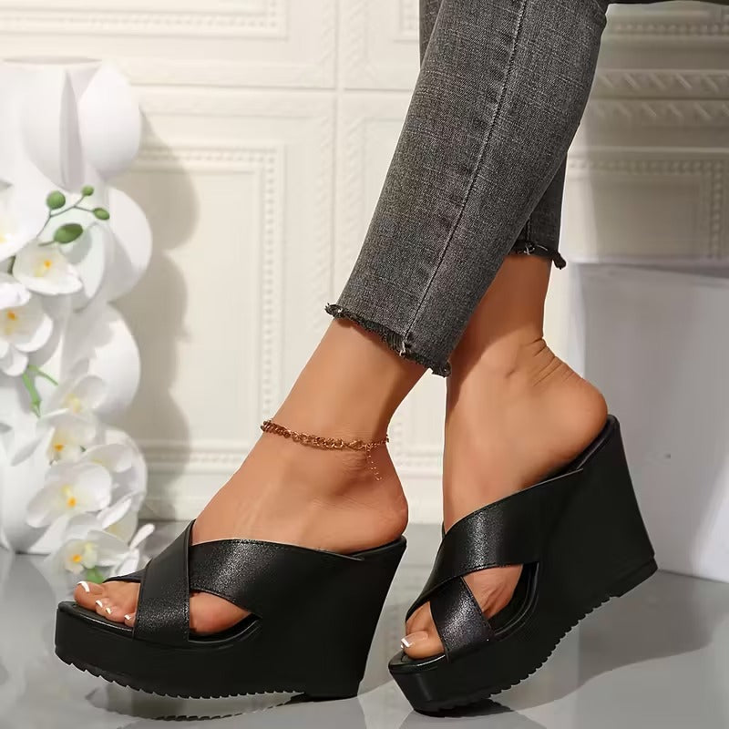 Black Cross-Band Platform Wedges