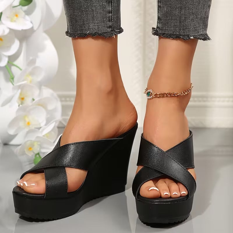 Black Cross-Band Platform Wedges