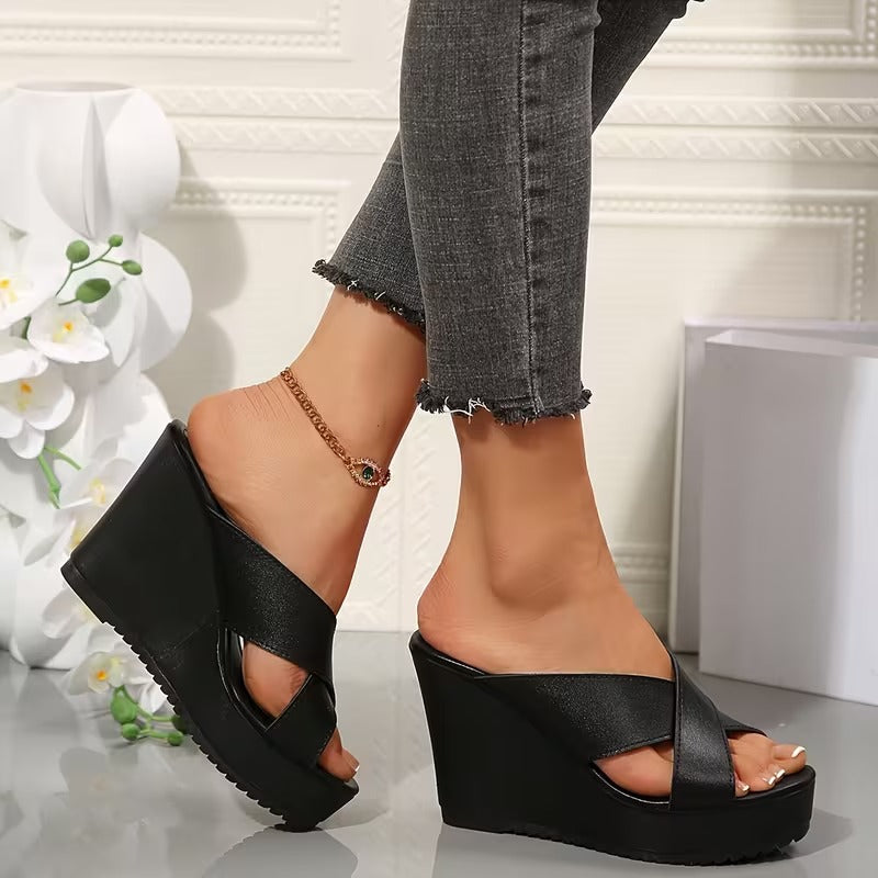 Black Cross-Band Platform Wedges