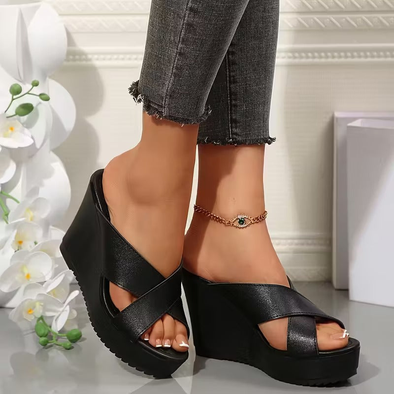 Black Cross-Band Platform Wedges