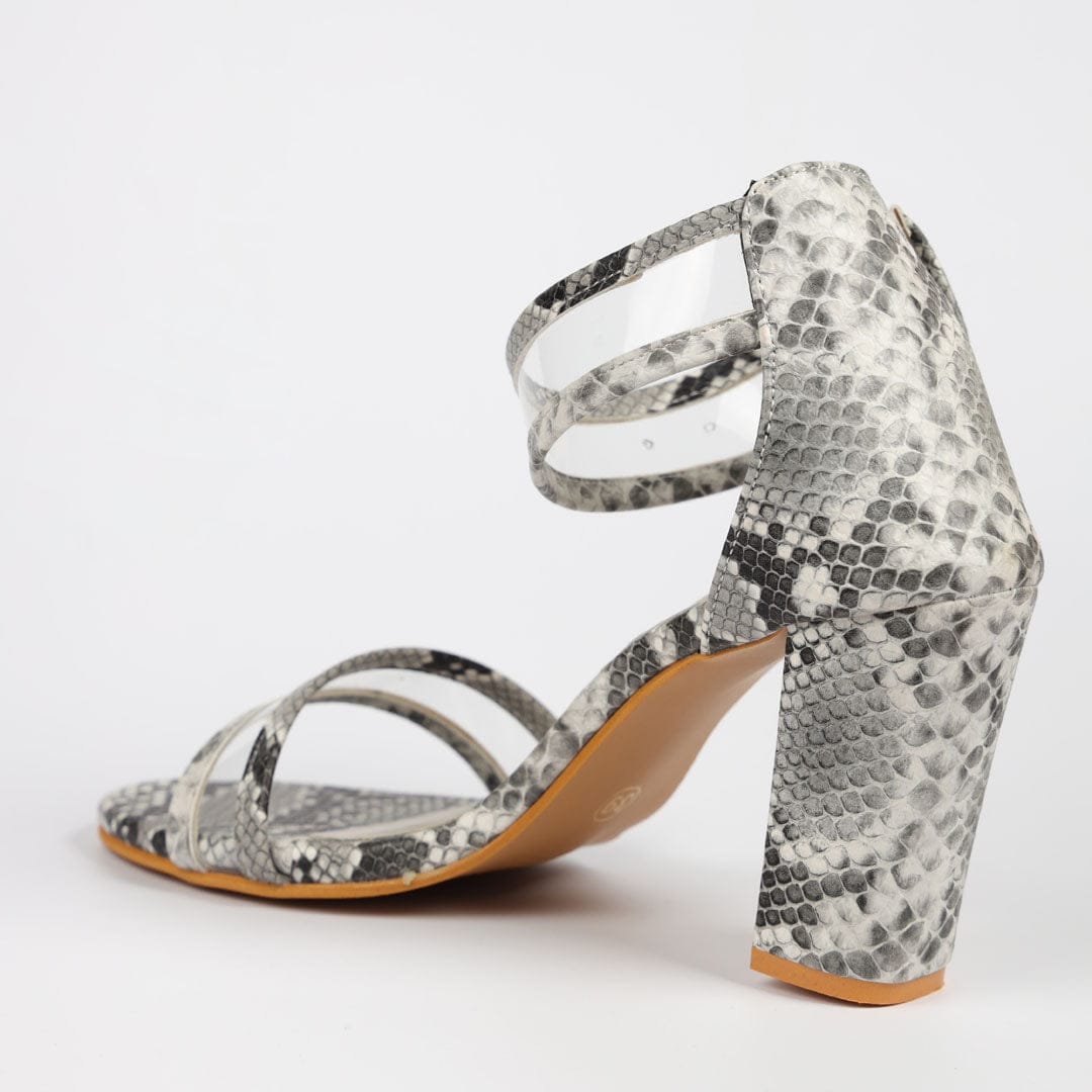 Grey snake print block heels